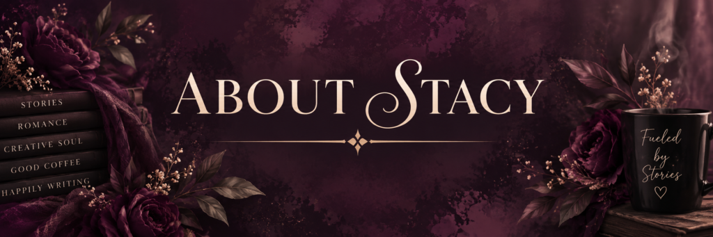 About Stacy banner with books, plum flowers, and a coffee mug